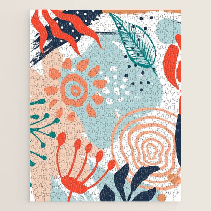 Summer Abstract, Floral Prints, Orange, Teal, Blue, Colourful Prints. Jigsaw Puzzle