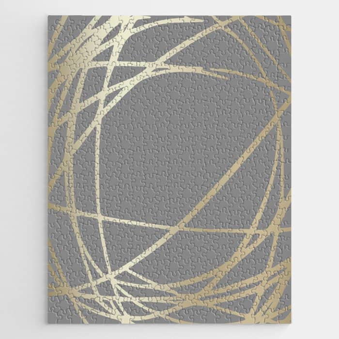 Gold And Gray Circles And Swirls Striped Abstract Pattern Jigsaw Puzzle