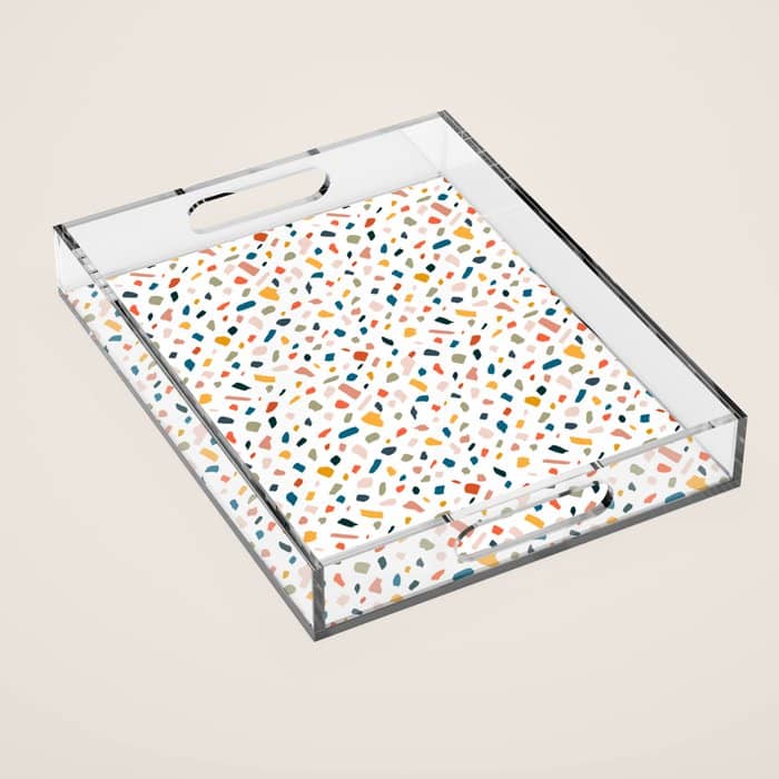 Terrazzo, Abstract Quirky Shapes Bohemian Modern Pattern Confetti Celebration Random Colorful Shapes Acrylic Tray
