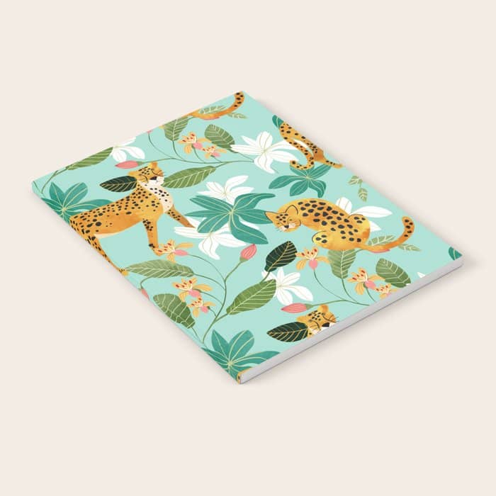 Cheetah Jungle, Wildlife Nature Wild Cats Tigers Leopard Botanical Animals Mint Quirky Illustration Notebook
