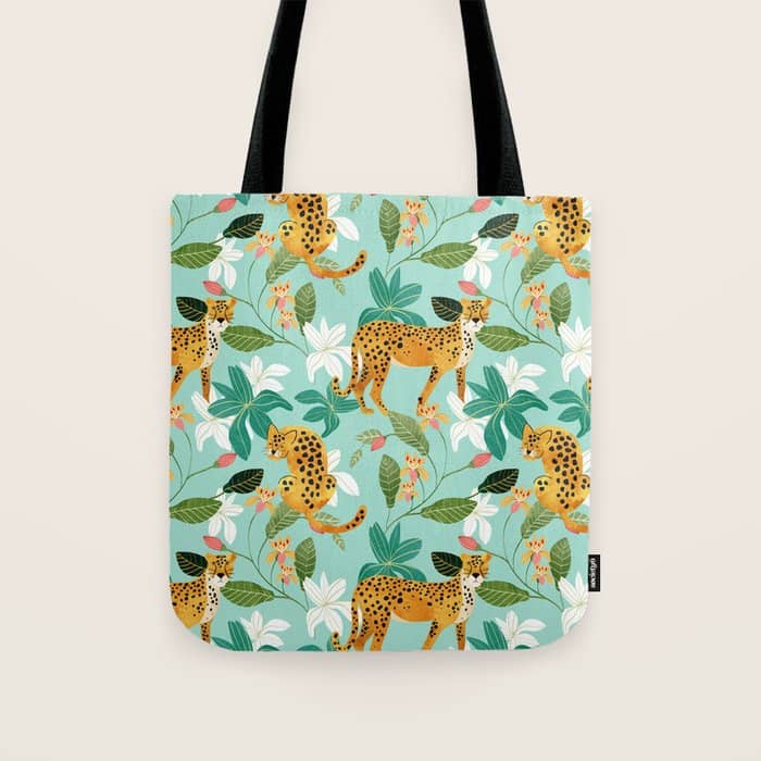 Cheetah Jungle, Wildlife Nature Wild Cats Tigers Leopard Botanical Animals Mint Quirky Illustration Tote Bag