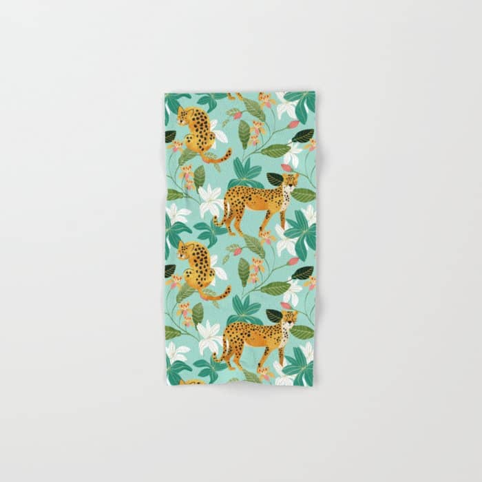 Cheetah Jungle, Wildlife Nature Wild Cats Tigers Leopard Botanical Animals Mint Quirky Illustration Bath Towel