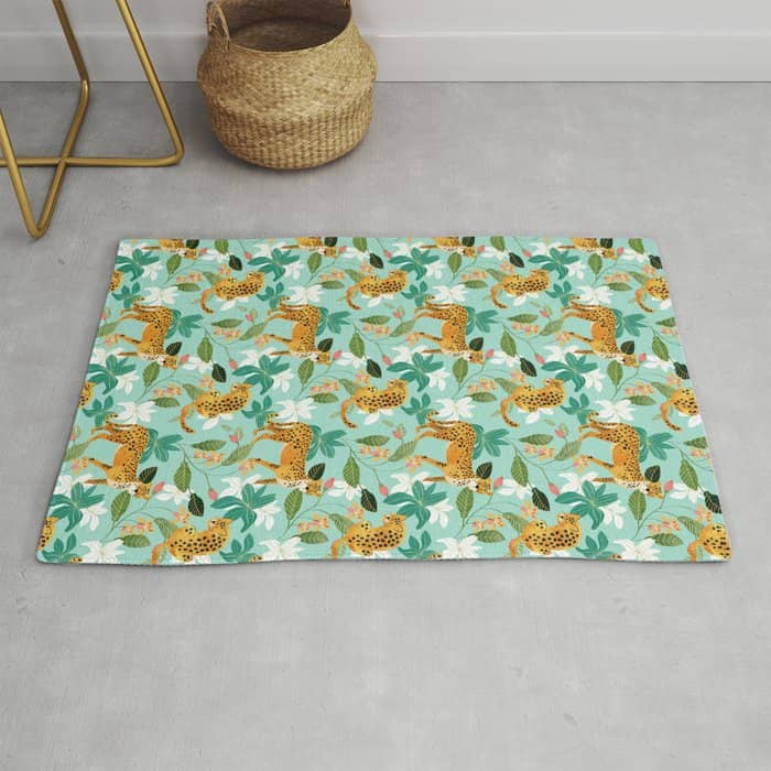 Cheetah Jungle, Wildlife Nature Wild Cats Tigers Leopard Botanical Animals Mint Quirky Illustration Rug