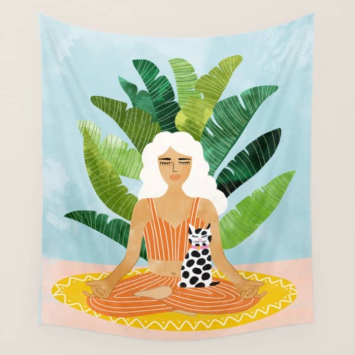 Meditation With Thy Cat Poster | Blonde Woman Of Color | Tropical Banana Leaves Quirky Pet Workout  Wall Tapestry