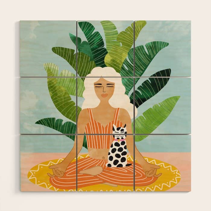 Meditation With Thy Cat Poster | Blonde Woman Of Color | Tropical Banana Leaves Quirky Pet Workout  Wood Wall Art