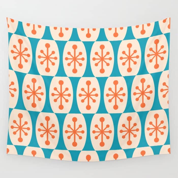 Mid Century Modern Atomic Fusion Pattern 211 Googie Orange And Turquoise Wall Tapestry