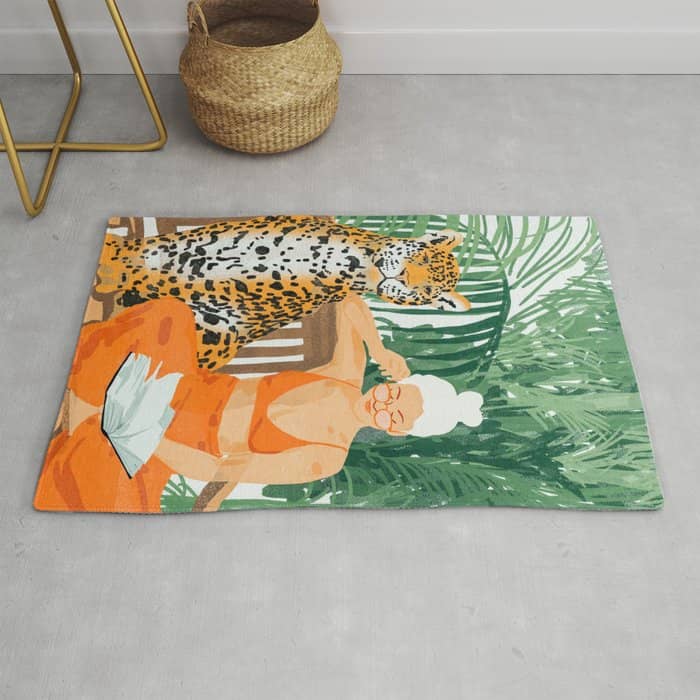 Jungle Vacay | Modern Bohemian Blonde Woman Tropical Travel | Leopard Wildlife Forest Reader Rug