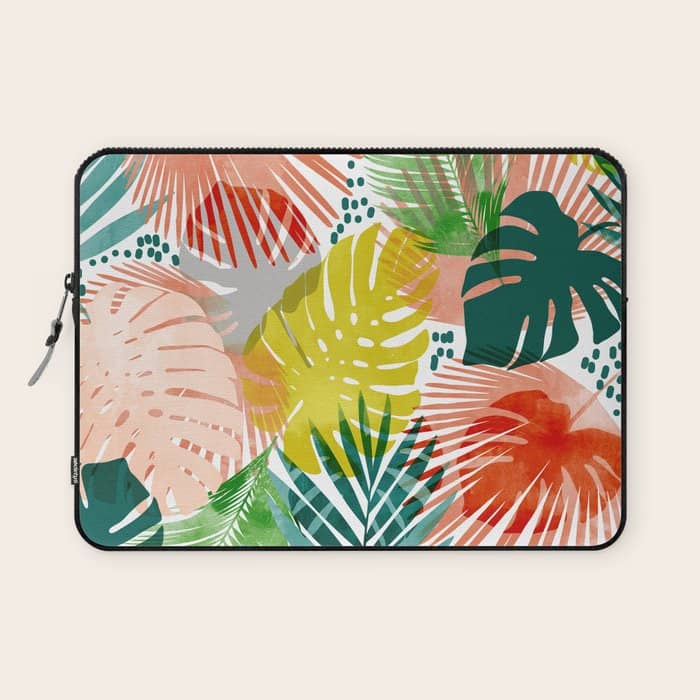 Tropical Garden, Botanical Colorful Jungle Watercolor Painting, Monstera Palm Nature Blush Bohemian Laptop Sleeve