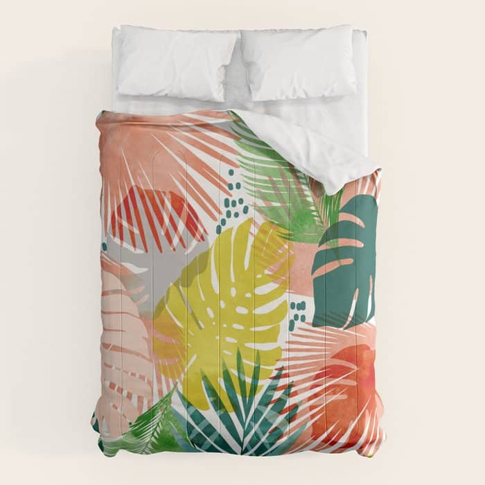 Tropical Garden, Botanical Colorful Jungle Watercolor Painting, Monstera Palm Nature Blush Bohemian Comforter