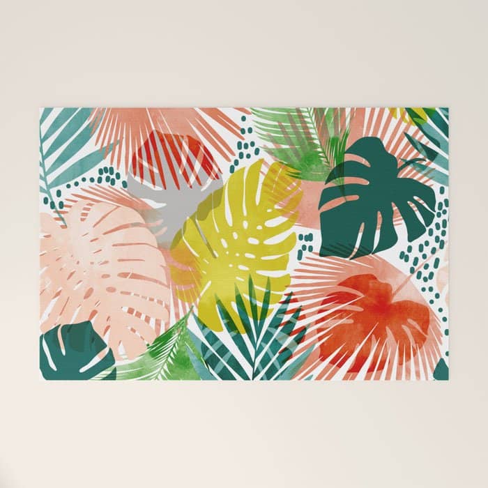Tropical Garden, Botanical Colorful Jungle Watercolor Painting, Monstera Palm Nature Blush Bohemian Welcome Mat