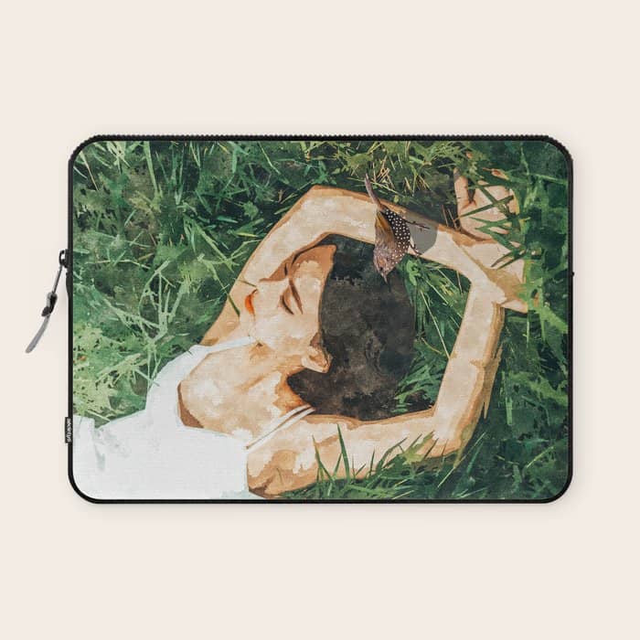 Jungle Nap Painting, Nature Illustration, Woman & Birds Portrait Laptop Sleeve