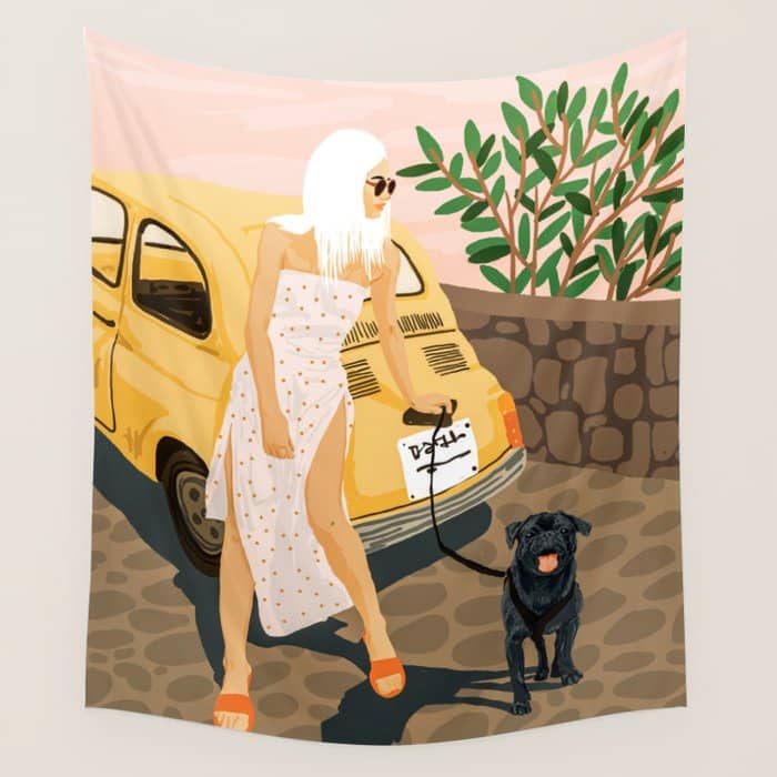 Tour, Pet Dog Walk, Italy Summer Fashion Woman, Animal Illustration, Travel Bohemian Cooper Painting Wall Tapestry