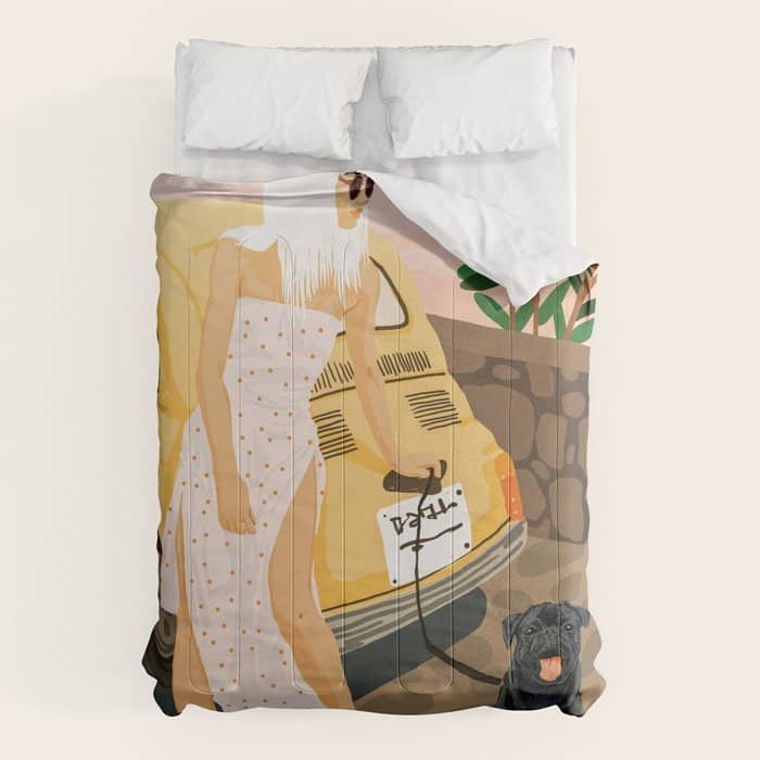 Tour, Pet Dog Walk, Italy Summer Fashion Woman, Animal Illustration, Travel Bohemian Cooper Painting Comforter