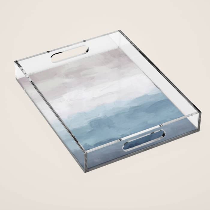 Misty Evening - White, Mauve, Navy Soft Blue Print Modern Wall Art Abstract Painting, Ocean Clouds Acrylic Tray