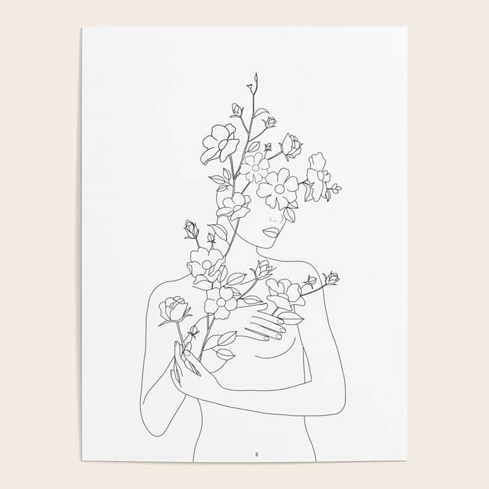 Minimal Line Art Woman With Wild Roses Poster