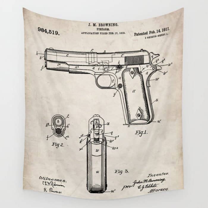 Colt Pistol Patent - Browning 1911 Colt Art - Antique Wall Tapestry