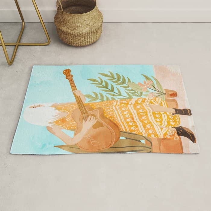 Music Soothes My Soul | Urban Hippie Bohemian Woman Playing The Guitar | Plant Lady Painting Rug