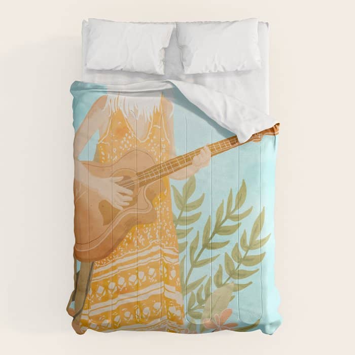 Music Soothes My Soul | Urban Hippie Bohemian Woman Playing The Guitar | Plant Lady Painting Comforter