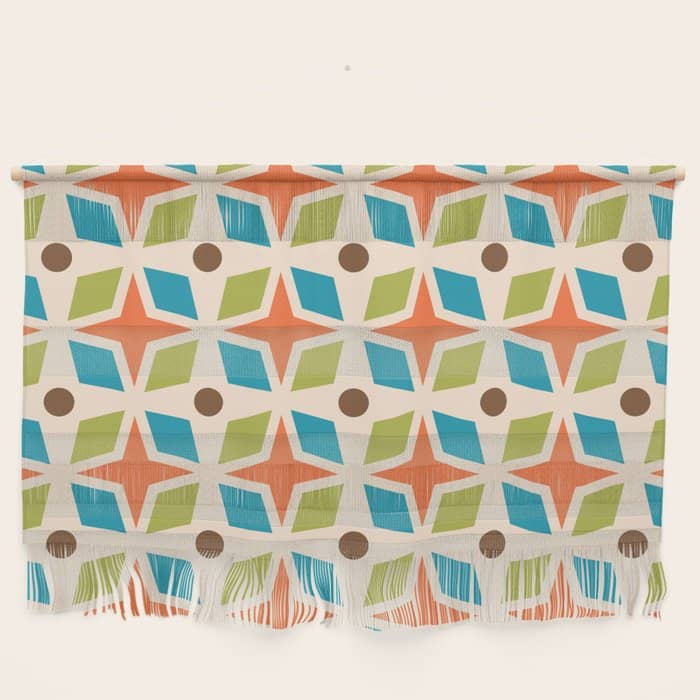 Mid Century Modern Abstract Star Dot Pattern 441 Orange Brown Turquoise Chartreuse Wall Hanging
