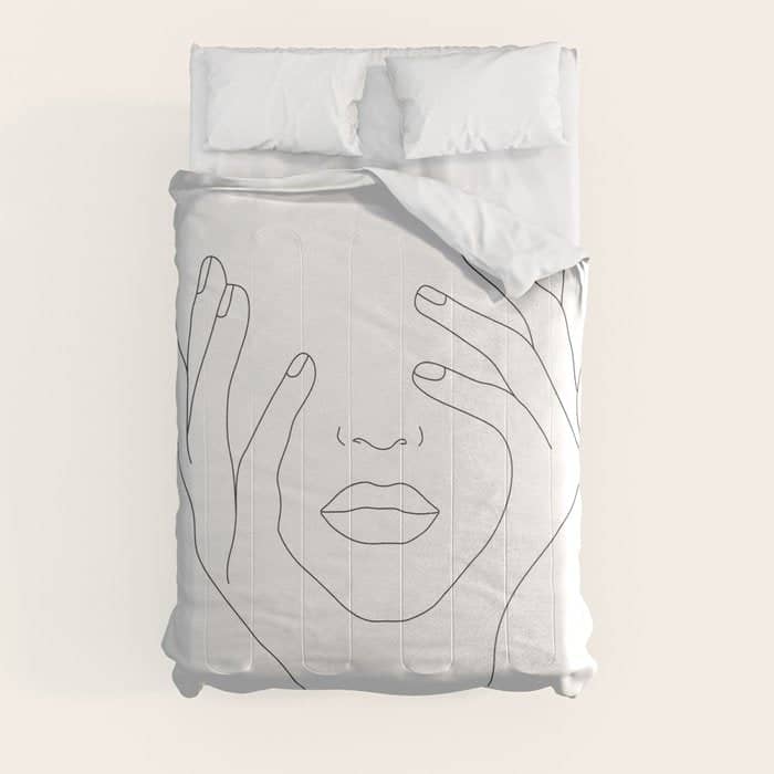 Minimal Line Art Woman With Hands On Face Comforter