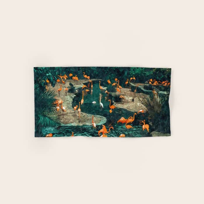 Flamingo Creek #Flamingo #Tropical #Illustration Bath Towel