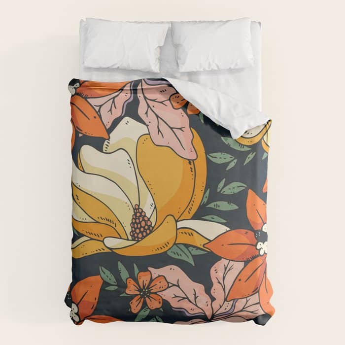 Night Forest, Colorful Dark Eclectic Floral Nature Botanical Jungle Floral Bohemian Illustration Duvet Cover