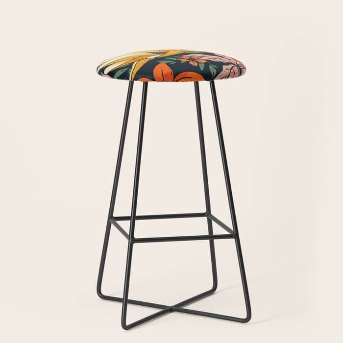Night Forest, Colorful Dark Eclectic Floral Nature Botanical Jungle Floral Bohemian Illustration Stool