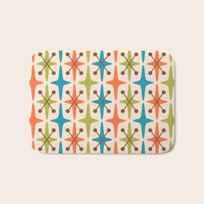Mid Century Modern Atomic Starburst Pattern 441 Orange Brown Turquoise Chartreuse Bath Mat