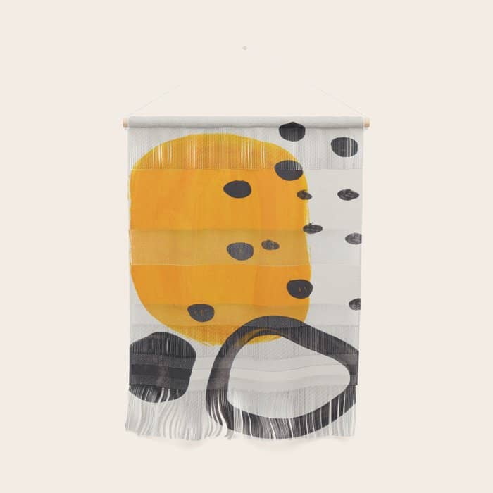Unique Abstract Unique Mid Century Modern Yellow Mustard Black Ring Dots Wall Hanging