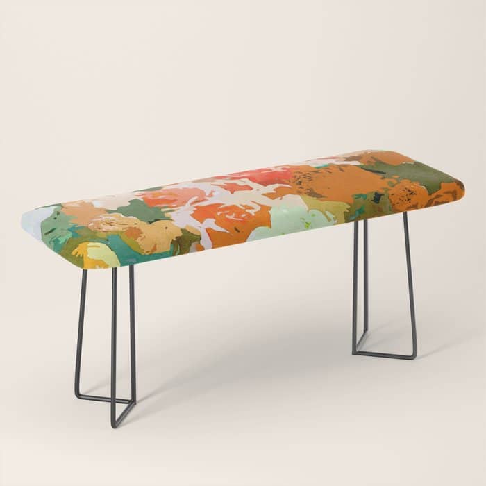 Velvet Floral, Summer Eclectic Botanical Blossom Blush Painting, Nature Colorful Garden Illustration Bench