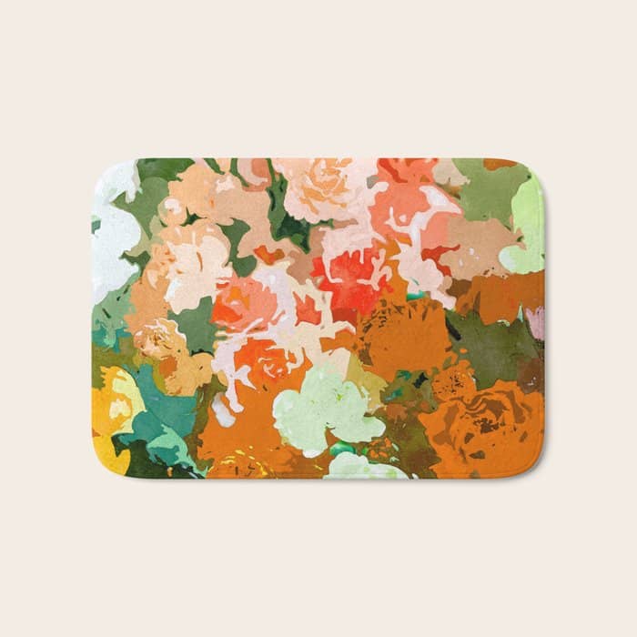 Velvet Floral, Summer Eclectic Botanical Blossom Blush Painting, Nature Colorful Garden Illustration Bath Mat