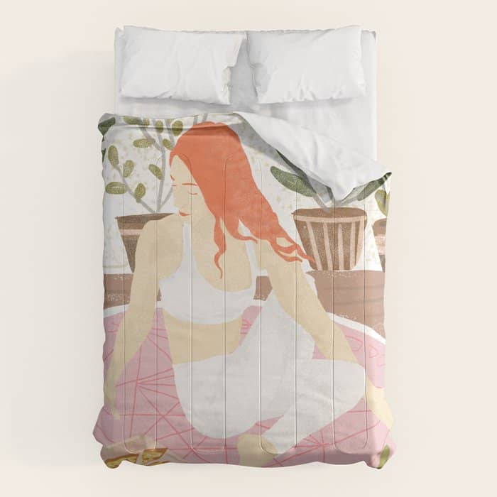 Yoga + Pizza, Red Head Woman Work Out Stay At Home, Ginger Plant Lady Home Decor Food Illustration Comforter