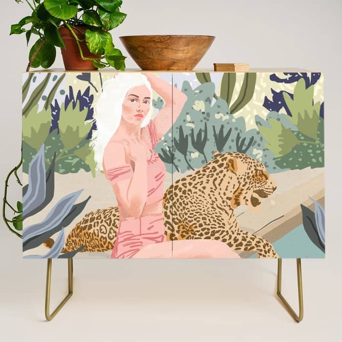 How To Train Your Leopard, Wild Cat Bohemian Woman Painting, Swimming Pool Bikini Summer Swim Animal Credenza