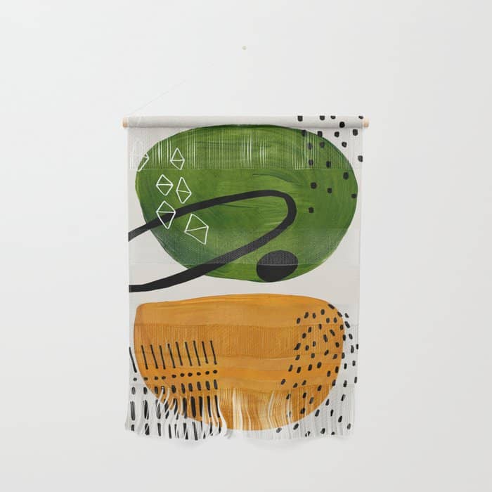 Mid Century Modern Abstract Colorful Art Patterns Olive Green Yellow Ochre Orbit Geometric Objects Wall Hanging