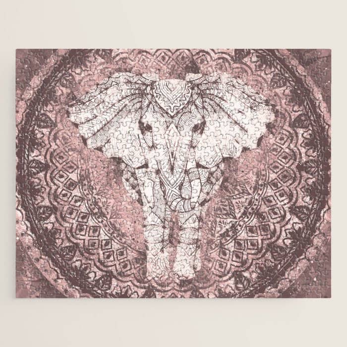 Bohemian, Elephant, Mandala, Blush, Moon Jigsaw Puzzle