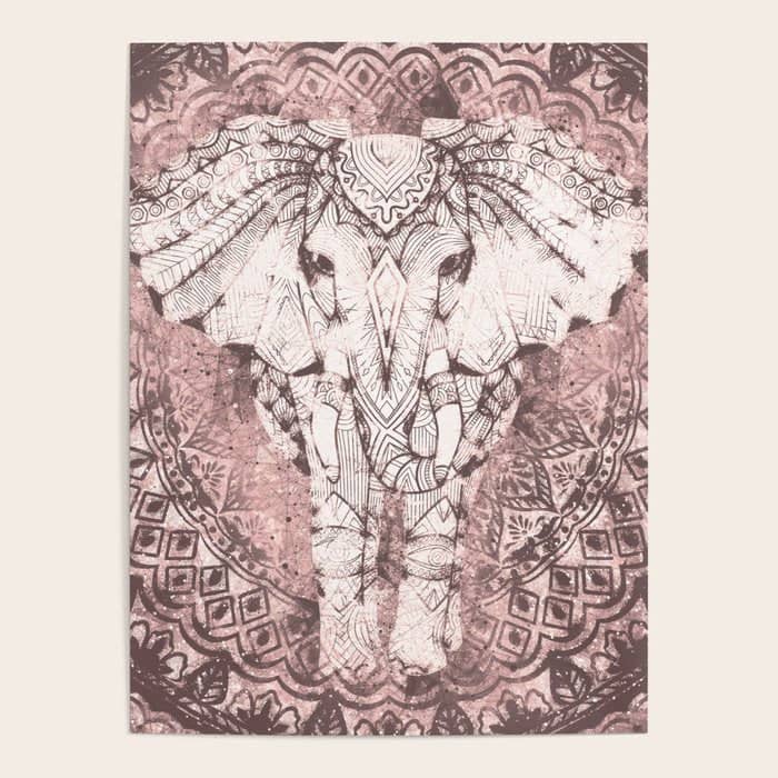 Bohemian, Elephant, Mandala, Blush, Moon Poster