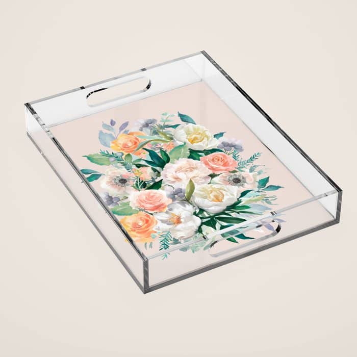 Pastel Flower Bouquet With Roses Acrylic Tray