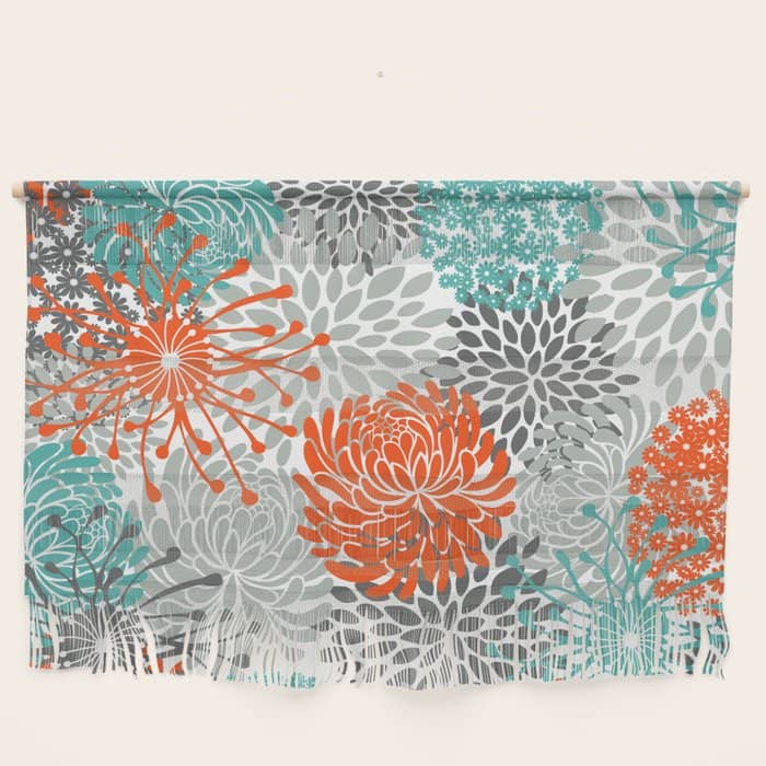 Orange And Teal Floral Abstract Print Wall Hanging