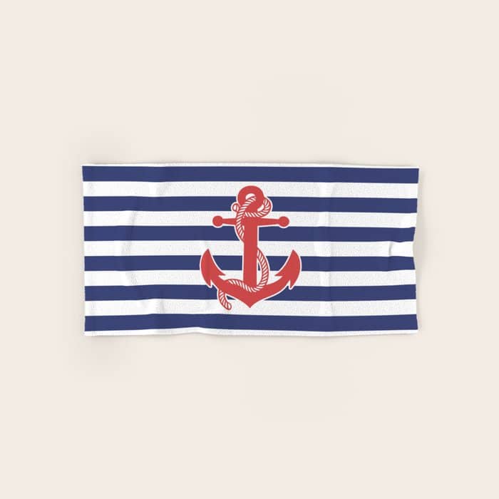 Retro Navy Anchor And Stripes Pattern 222 Red White And Blue Bath Towel