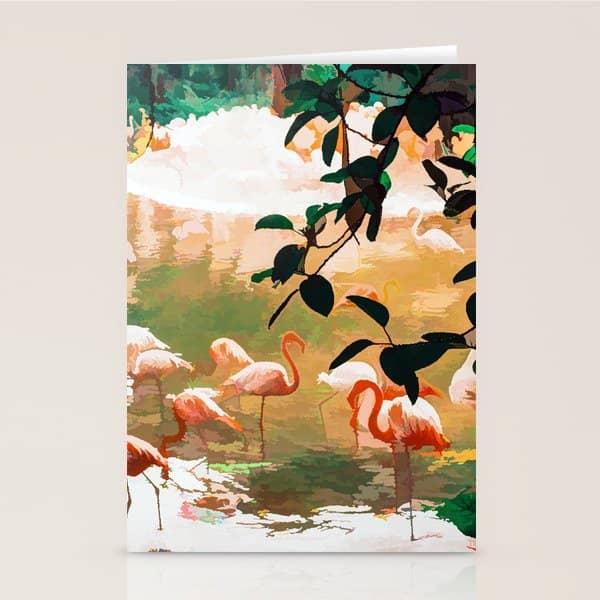 Flamingo Sighting, Jungle Nature Wildlife Birds Painting, Animals Forest Safari Illustration Stationery Card