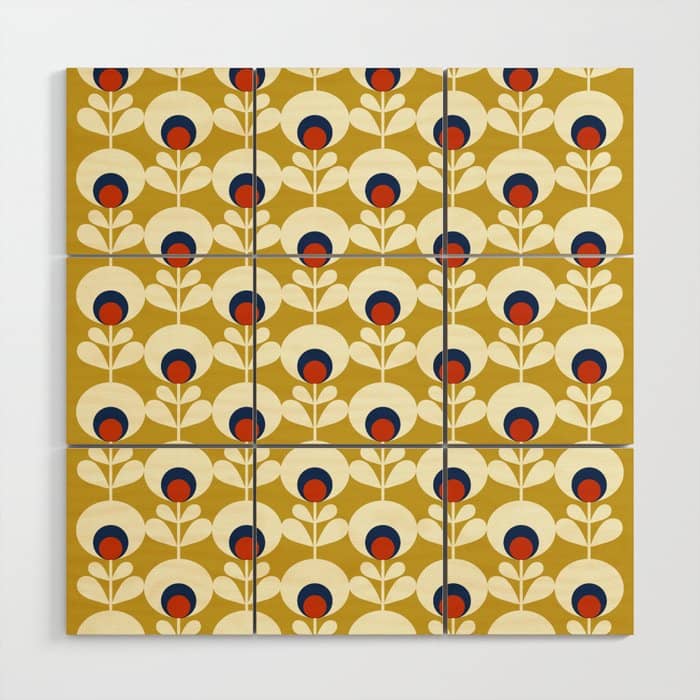 Flowers Geometry Mustard - Retro Pattern No3 Wood Wall Art