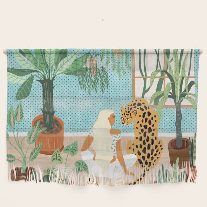 Urban Jungle Illustration, Tiger Home Decor, Woman & Modern Bohemian Wildlife Painting Wall Hanging