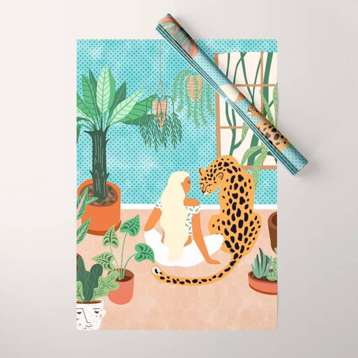 Urban Jungle Illustration, Tiger Home Decor, Woman & Modern Bohemian Wildlife Painting Wrapping Paper