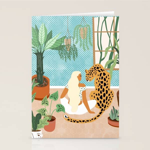 Urban Jungle Illustration, Tiger Home Decor, Woman & Modern Bohemian Wildlife Painting Stationery Card