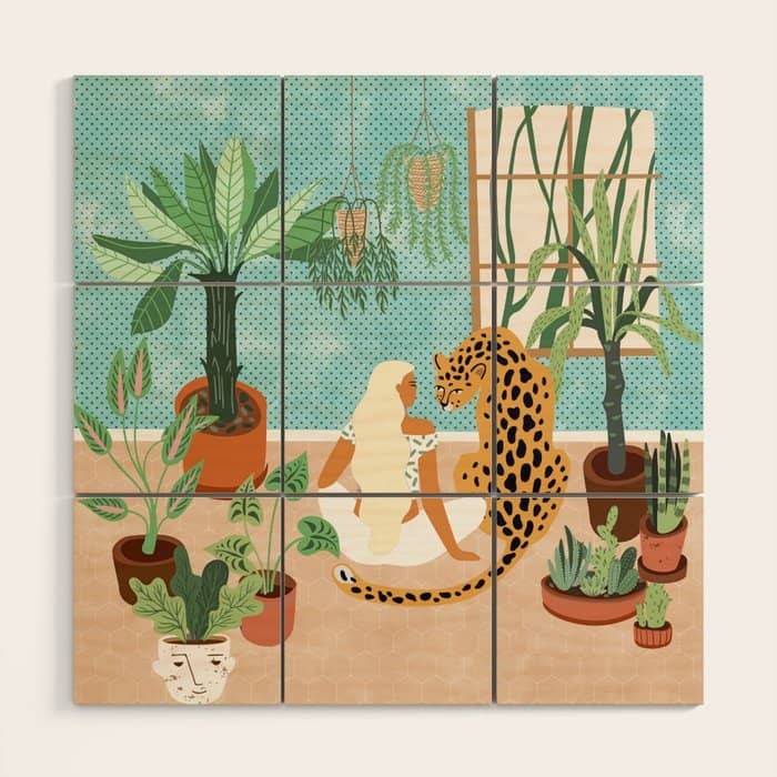 Urban Jungle Illustration, Tiger Home Decor, Woman & Modern Bohemian Wildlife Painting Wood Wall Art