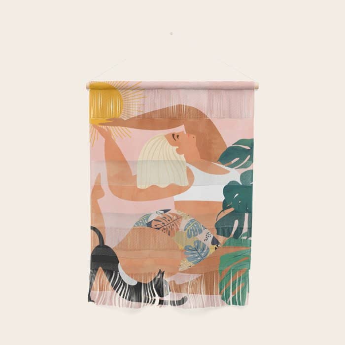 Tropical Yoga, Bohemian Woman Cat Pet Monstera Watercolor Painting, Blonde Quirky Illustration Wall Hanging