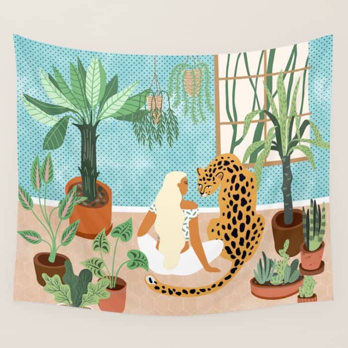 Urban Jungle Illustration, Tiger Home Decor, Woman & Modern Bohemian Wildlife Painting Wall Tapestry