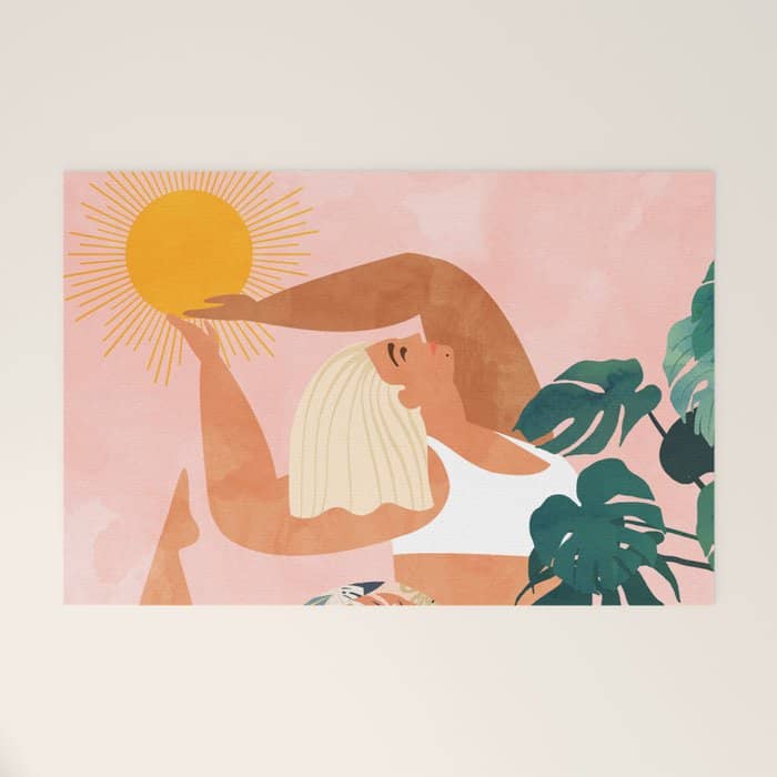 Tropical Yoga, Bohemian Woman Cat Pet Monstera Watercolor Painting, Blonde Quirky Illustration Welcome Mat