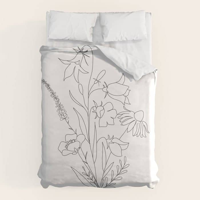 Small Wildflowers Minimalist Line Art Duvet Cover