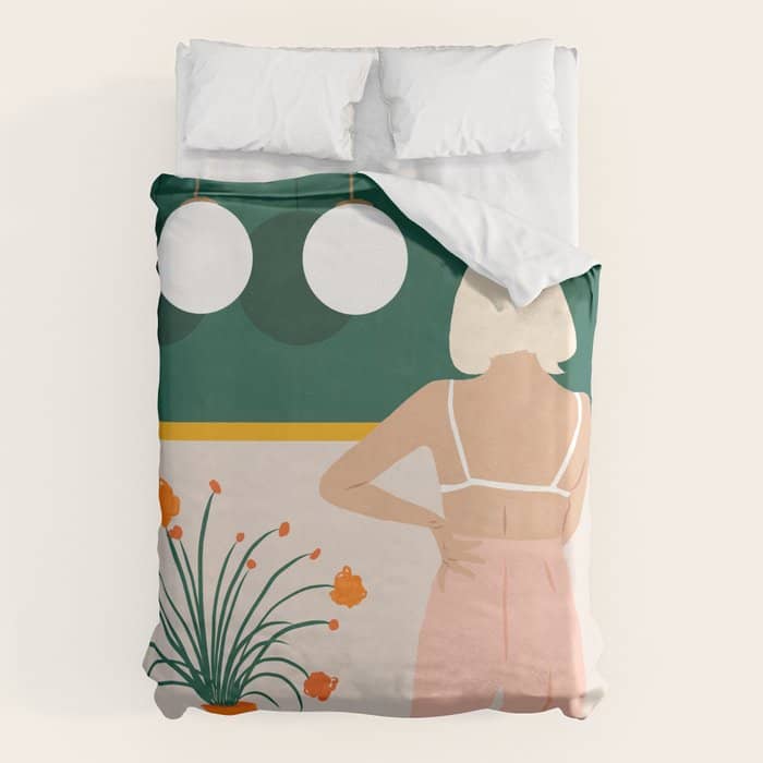 Texting, Millennial Woman Young Bohemian High Fashion Love Pastel Home Decor Blush Duvet Cover